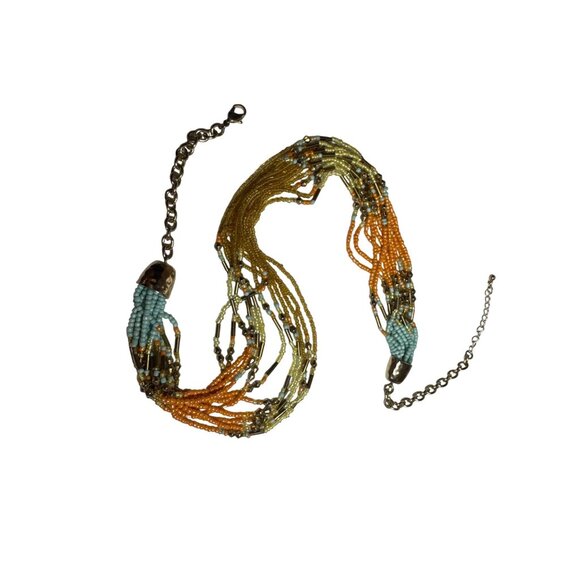 Seed Bead Statement Necklace Yellow Orange Turquoise Adjustable Lobster Clasp - Picture 2 of 7